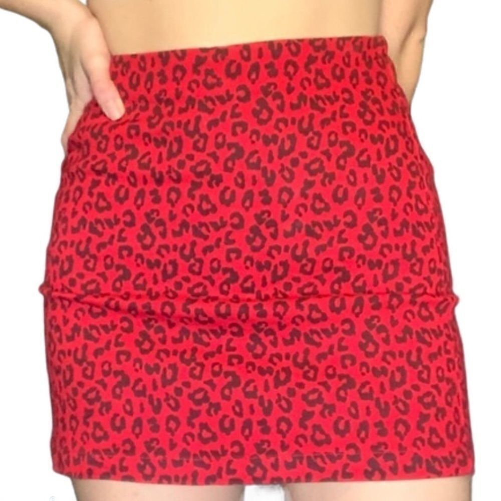 Forever 21 red Leopard cheetah animal print mini denim jean skirt -S